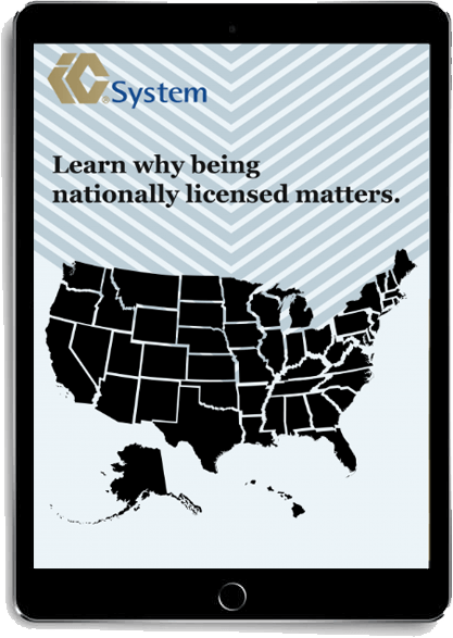 The text "Learn why being nationally licensed matters" displayed with a map of the United States on a tablet.