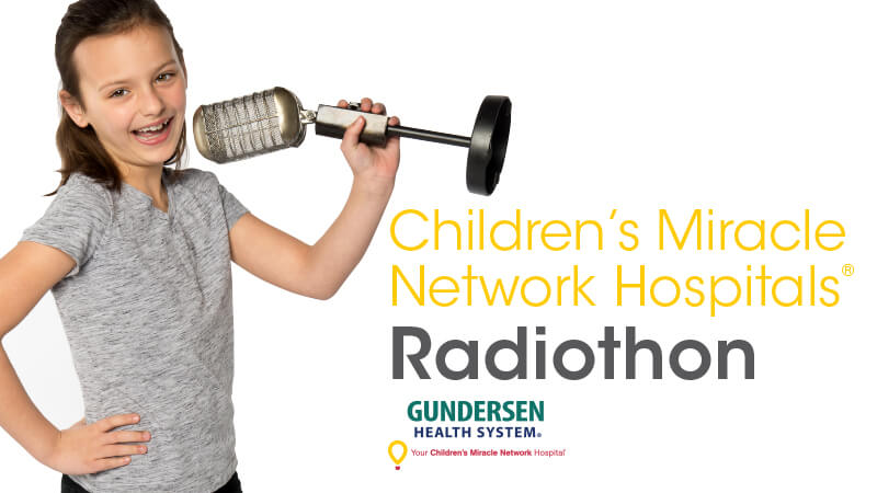 A young girl smiling and holding a vintage microphone with text "Children's Miracle Network Hospitals Radiothon Gundersen Health System