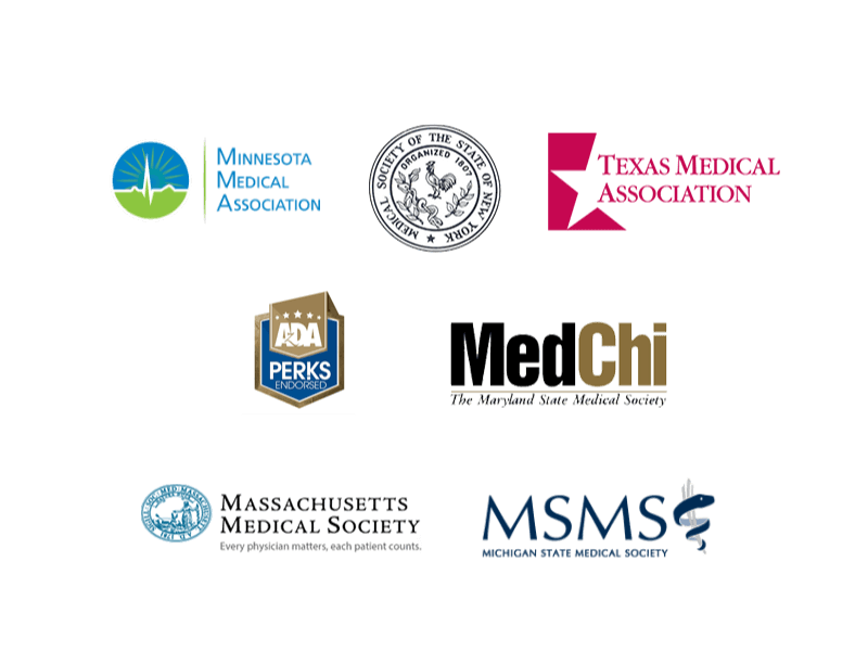 Minnesota Medical Association, Medical Society of the State of New York, Texas Medical Association, Massachusetts Medical Society, Michigan State Medical Society, ADA Perks Endorsed, and The Maryland State Medical Society