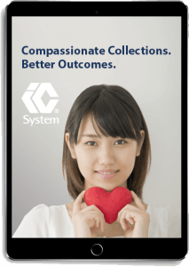 eBook "Compassionate Collections. Better Outcomes." displayed on tablet