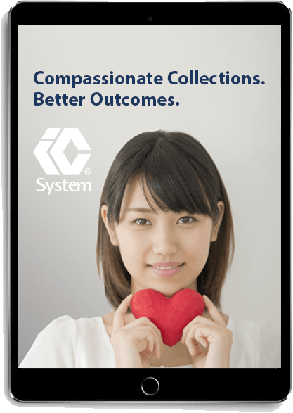 eBook "Compassionate Collections. Better Outcomes." displayed on tablet