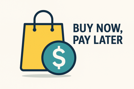 Flat design graphic of a yellow shopping bag with a teal dollar sign icon and the words “Buy Now, Pay Later,” representing BNPL payment options and collection services.