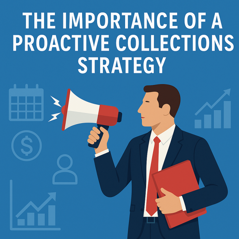 Flat-style illustration of a businessman holding a megaphone and folder with financial icons in the background, representing the importance of a proactive collections strategy for businesses using collection agency services.