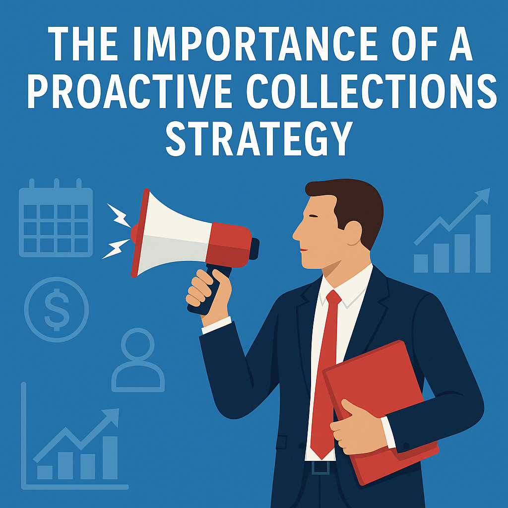 Flat-style illustration of a businessman holding a megaphone and folder with financial icons in the background, representing the importance of a proactive collections strategy for businesses using collection agency services.