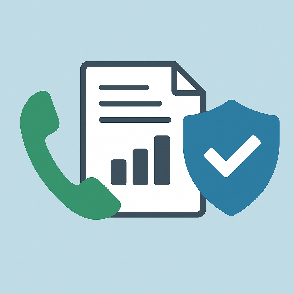 Flat design illustration showing communication and reporting in debt recovery, with icons of a phone, report chart, and shield representing outreach, transparency, and compliance.