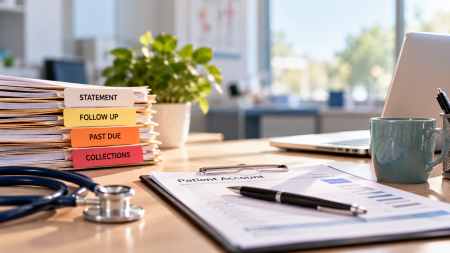 Healthcare billing desk with patient account paperwork and folders labeled statement, follow up, past due, and collections.