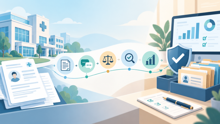 Illustrated healthcare collections workflow showing patient accounts moving through communication, compliance review, quality monitoring, and performance tracking.