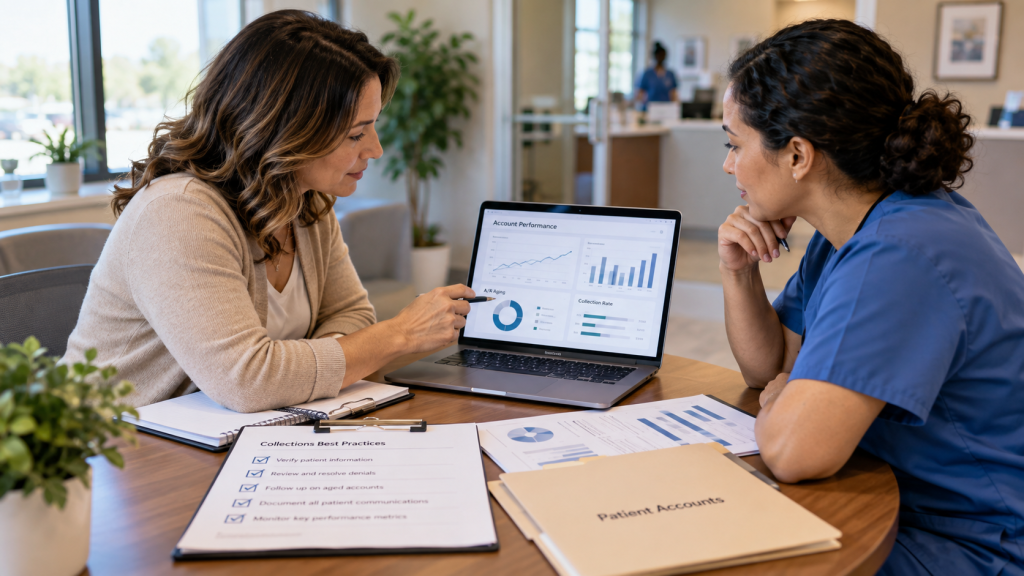 Healthcare staff reviewing patient account performance, A/R aging, and collection metrics on a laptop.